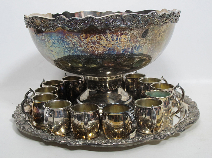 Vintage F.B. ROGERS SILVER CO PUNCH BOWL SET16 Pc Silver Plated Party