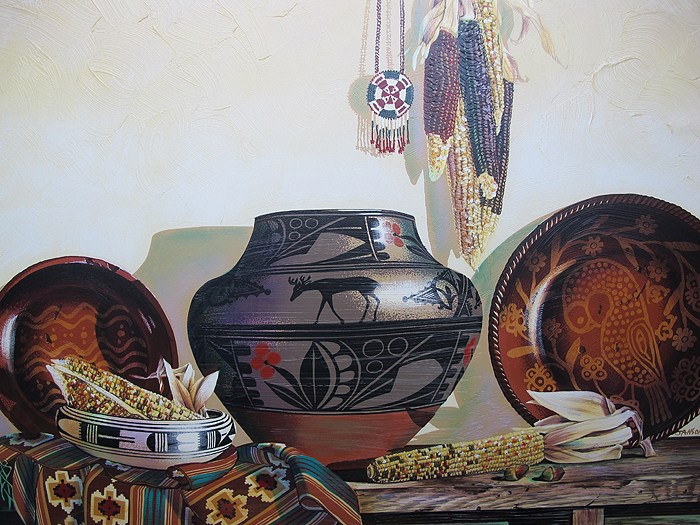 LARGE Oil on Canvas Native American Pottery & Maize Painting Janson