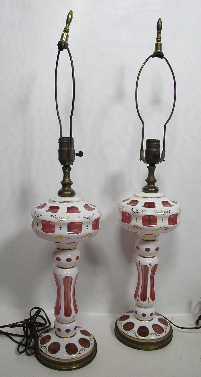 2 Antique Czech Bohemian White Cut to Cranberry Scroll Enamel Crystal