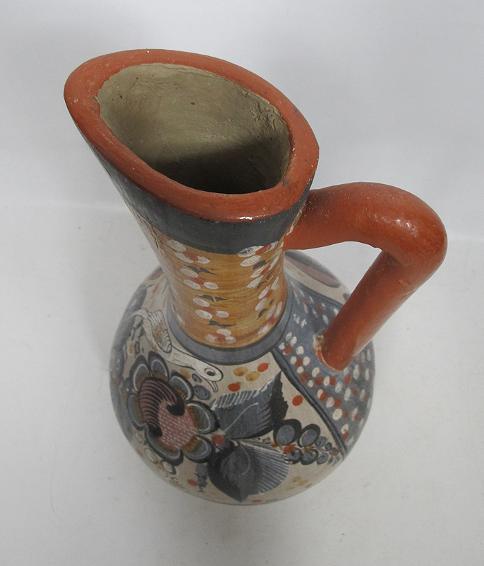 Vintage Tonala Pottery Mexican Folk Art Tall Jug with Bird Attrb Angel